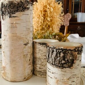 Natural Birch Wood Candle Holders - White Birch Accent Set. Battery operated